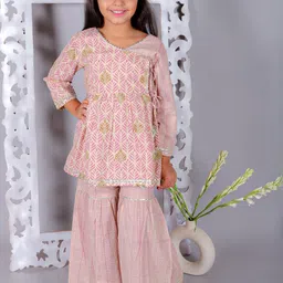 Ka-mee Girls Floral Printed Angrakha Gotta Patti Pure Cotton A-line Kurta With Sharara-image-85