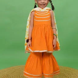 Tiber Taber Girls Orange Empire Gotta Patti Pure Cotton Kurti with Sharara & With Dupatta-image-75
