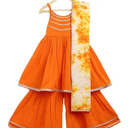 Tiber Taber Girls Orange Striped Empire Gotta Patti Pure Cotton Kurti with Sharara & With Dupatta-image-73