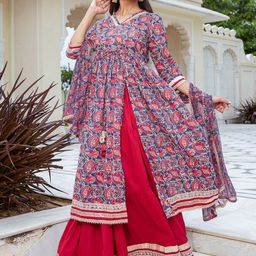 Janasya Floral Printed V-Neck Gotta Patti Pure Cotton Anarkali Kurta & Skirt With Dupatta-image-24