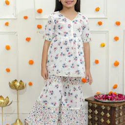 Ka-mee Girls Floral Printed Pure Cotton Kurti With Sharara-image-24