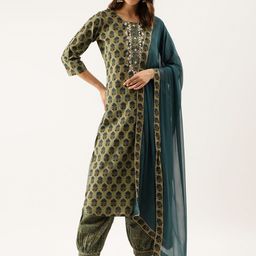 Divena Women Green Floral Printed Regular Gotta Patti Pure Cotton Kurta with Harem Pants & With Dupatta-25