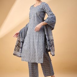 Deewa Women Printed RegularPure Cotton Kurta with Trousers & With Dupatta-image-0