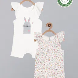 Broon  Girls Pack of 2 White & Off White Printed Pure Organic Cotton Rompers-52