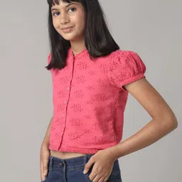 UNDER FOURTEEN ONLY Girls Self Design Mandarin Collar Puff Sleeve Cotton Shirt Style Top-image-39