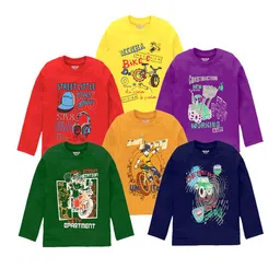 Kiddeo Boys Pack of 6 Multicoloured Printed Round Neck Pure Cotton T-shirts-11