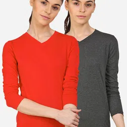 appulse Women Pack of 2 Charcoal & Red V-Neck Slim Fit Running Cotton T-shirts-image-34