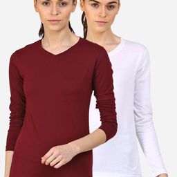 appulse Women Pack of 2 White & Maroon V-Neck Slim Fit Running Cotton T-shirts-image-70