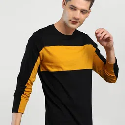 Maniac Men Black  Yellow Colourblocked Pure Cotton T-shirt-image-16