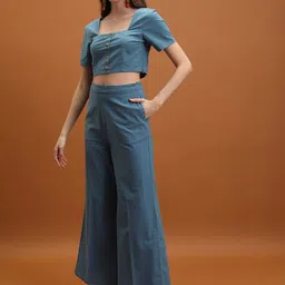 Tokyo Talkies Square Neck Buttoned Crop Pure Cotton Top & Palazzos-image-64