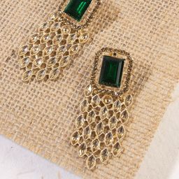 AccessHer Gold-Plated & Green Handcrafted American Diamond Studded Square Drop Earrings-12