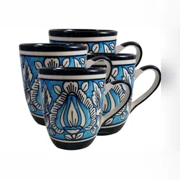 INDIA MEETS INDIA Blue & White 4 Pieces Ceramic Glossy Cups Set 250 ml Each-image-62