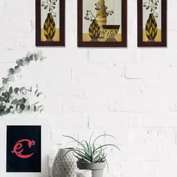 eCraftIndia Set of 3 Off-White & Brown Botanical Satin Matt Textured UV Wall Art-10