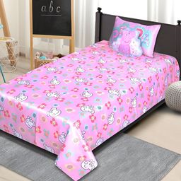 Saral Home Pink & Blue Cartoon Characters 210 TC Single Bedsheet with 1 Pillow Covers-image-49