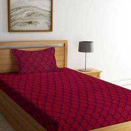 Arrabi Burgundy & Navy Blue Ethnic Motifs 300 TC Single Bedsheet with 1 Pillow Covers-image-71