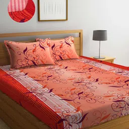 Arrabi Orange & Burgundy Floral 300 TC King Bedsheet with 2 Pillow Covers-picture-56