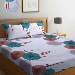 Arrabi Grey & Blue Floral 300 TC King Bedsheet with 2 Pillow Covers-image-77