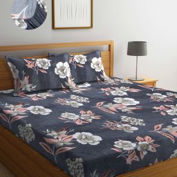 Arrabi Grey & Peach-Coloured Floral 300 TC King Bedsheet with 2 Pillow Covers-image-92