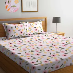 Arrabi Pink & White Floral 300 TC King Bedsheet with 2 Pillow Covers-picture-11