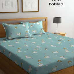 Arrabi Blue & White Cartoon Characters 300 TC Fitted King Bedsheet with 2 Pillow Covers-image-54