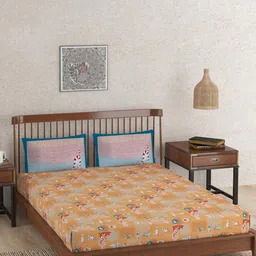 Fabindia Brown & Blue Cartoon Characters Cotton 180 TC Single Bedsheet & 2 Pillow Covers-image-87