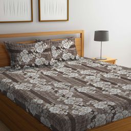 KLOTTHE Brown & Grey Floral Printed 300 TC King Bedsheet With 2 Pillow Covers-image-65