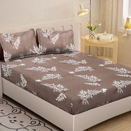 KLOTTHE Brown & White Floral Printed 300 TC Single Bedsheet With 2 Pillow Cover-picture-12