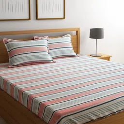 URBAN DREAM Peach-Coloured & White Striped 210 TC King Bedsheet with 2 Pillow Covers-picture-8