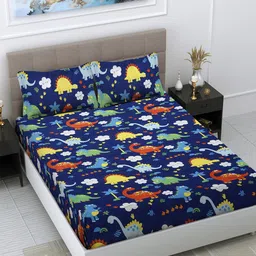 FABINALIV Blue & Yellow Cartoon Characters 300 TC King Bedsheet With 2 Pillow Covers-image-95