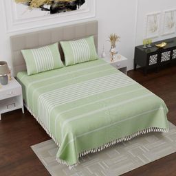 Varde Green & White Striped 180 TC Handloom Cotton King Bedsheet with 2 Pillow Covers-image-96