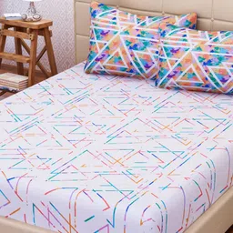 SEJ by Nisha Gupta White & Blue Cotton 180 TC Double King Bedsheet with 2 Pillow Covers-image-60