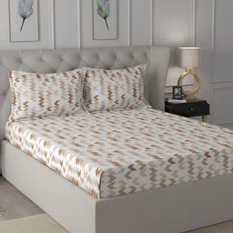 In-House by maspar Peach & Brown Geometric 200 TC Queen Bedsheet with 2 Pillow Covers-image-44