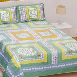 Texstylers Green Floral Printed 210 TC Cotton Double Queen Bedsheet With 2 Pillow Covers-15