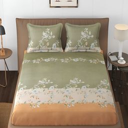 Hammer Home Green & Beige Floral Printed 210 TC Queen Bedsheet with 2 Pillow Covers-image-30