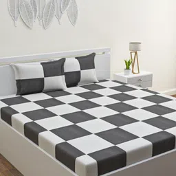 HAPPY HUES Charcoal Grey & White Geometric 120 TC Queen Bedsheet with 2 Pillow Covers-8