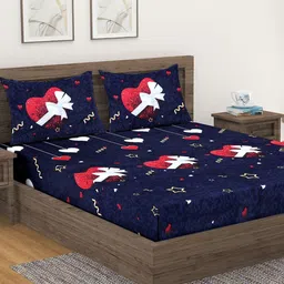 Fashion String Navy Blue & White Printed 144 TC Queen Flat Bedsheet with 2 Pillow Covers-picture-15