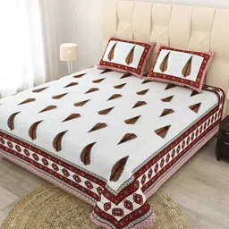 JAIPUR FABRIC White & Maroon Ethnic Motifs Cotton Flat Queen Bedsheet with 2 Pillow Covers-image-71