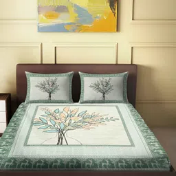 Spangle Green & Cream Coloured Printed Cotton 280 TC King Bedsheet With 2 Pillow Covers-image-64