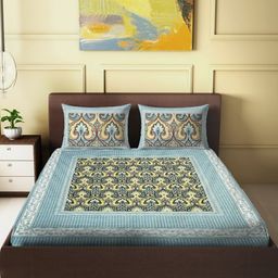 Spangle Sea Green & Yellow Ethnic Motifs 250 TC Cotton King Bedsheet with 2 Pillow Covers-image-72