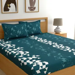 Dreamscape Teal Green Geometric 144 TC Cotton 1 Queen Bedsheet with 2 Pillow Covers-15
