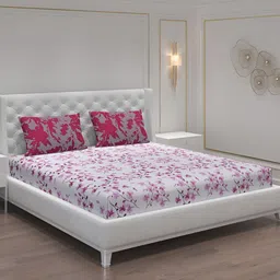 Moca By Monte Carlo Off White & Pink Floral 104 TC 2 Queen Bedsheet with 4 Pillow Covers-image-49