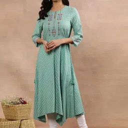 W Green Geometric Printed Keyhole Neck Anarkali Kurta Set-image-72