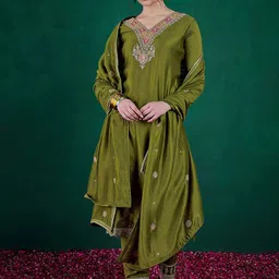 Sangria Ethnic Motifs Embroidered Sequinned Straight Kurta With Trouser & Dupatta-picture-21