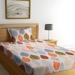 DECOR VATIKA White & Orange Floral 144 TC Single Fitted Bedsheet with Pillow Cover-image-124