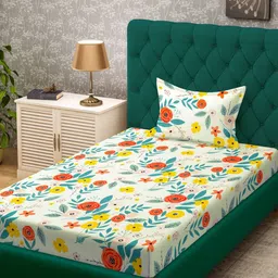 KLOTTHE Off-White & Red Floral Printed 300 TC Single Bedsheet With Pillow Cover-17