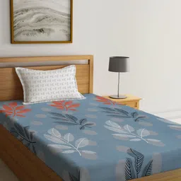 KLOTTHE Blue & Orange Colored Floral Printed 300 TC Single Bedsheet & Pillow Cover-picture-34