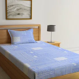 KLOTTHE White & Blue Geometric Printed 300 TC Single Bedsheet & 1 Pillow Cover-image-21