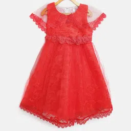 StyleStone Girls Red Embroidered Fit and Flare Dress-image-0