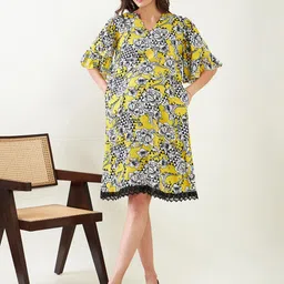 The Kaftan Company Floral Print Flared Sleeve Maternity A-Line Cotton Dress-image-69