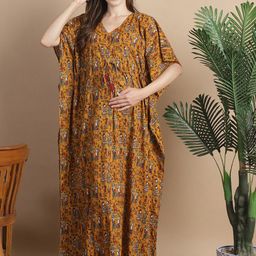 Secret Wish Floral Printed V-Neck Pure Cotton Maxi Maternity Kaftan Nightdress-image-93